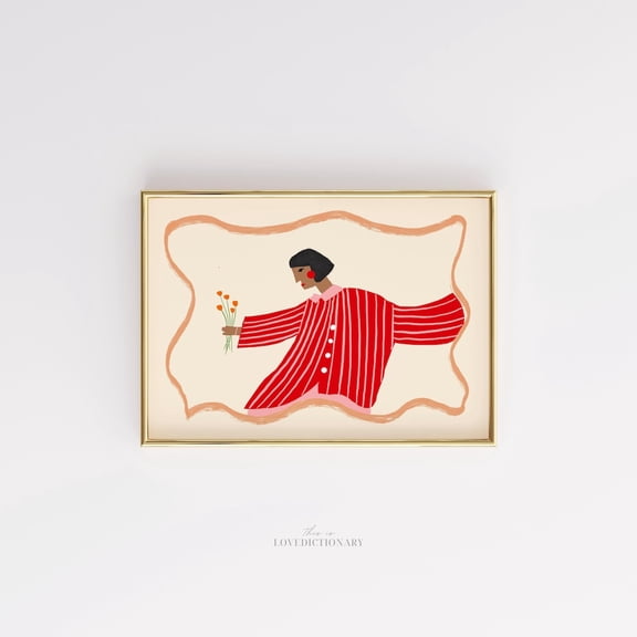 Modern Woman Red Outfit Wall Art Minimalist Line Art Decor, Stretched Canvas Size 16x24