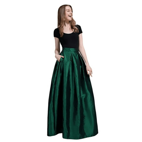 Modern Women Long Emerald Green Pleated Taffeta Skirt with One Pocket – Perfect for Any Occasion