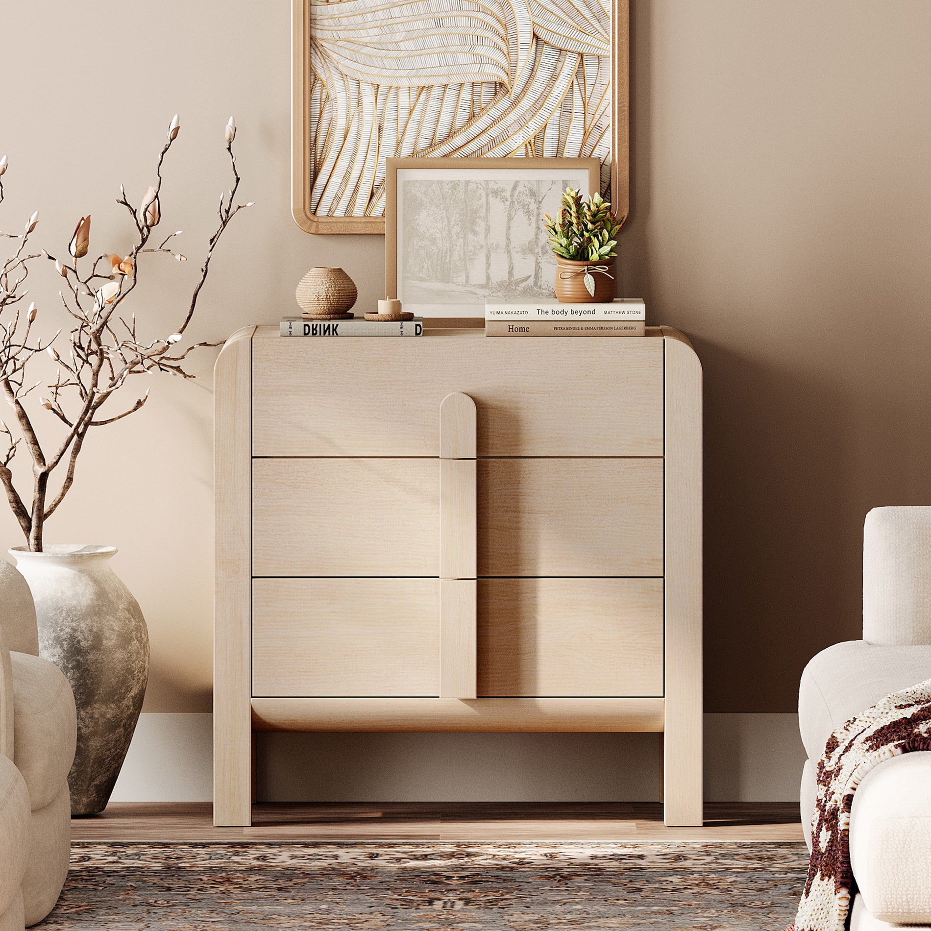 Modern Wood 3-Drawer Dresser with Curved Profile Design, Mid Century Dresser Organizer Storage for Bedroom,Living room, Entryway