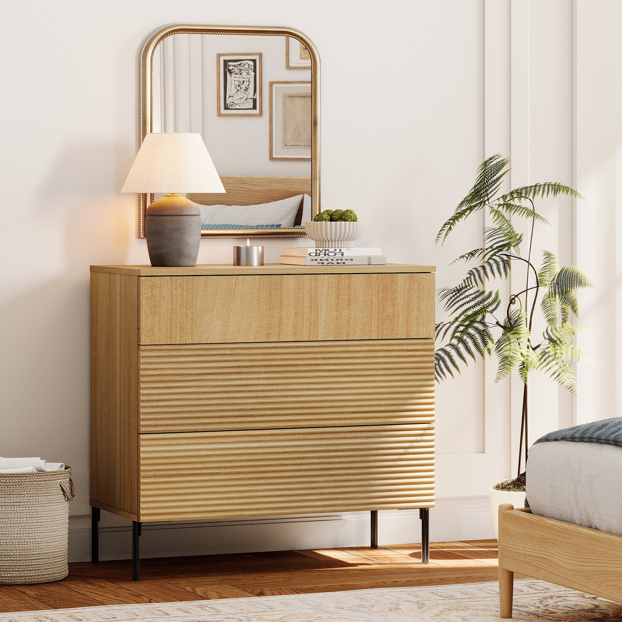 Modern Wood 3-Drawer Dresser with Reeded Design, Minimalist Dresser Organizer Storage for Bedroom,Living room, Entryway