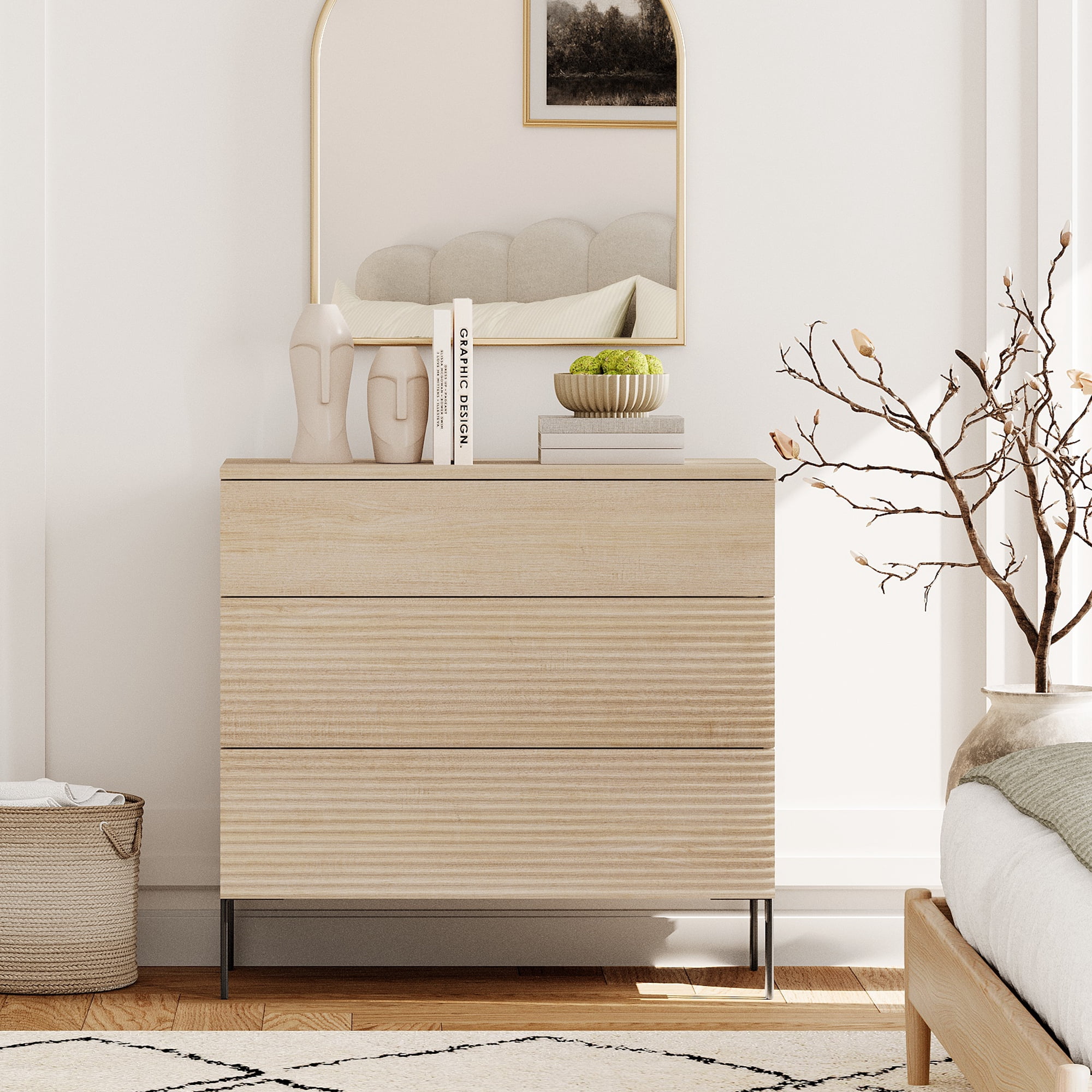 Modern Wood 3-Drawer Dresser with Reeded Design, Minimalist Dresser Organizer Storage for Bedroom,Living room, Entryway