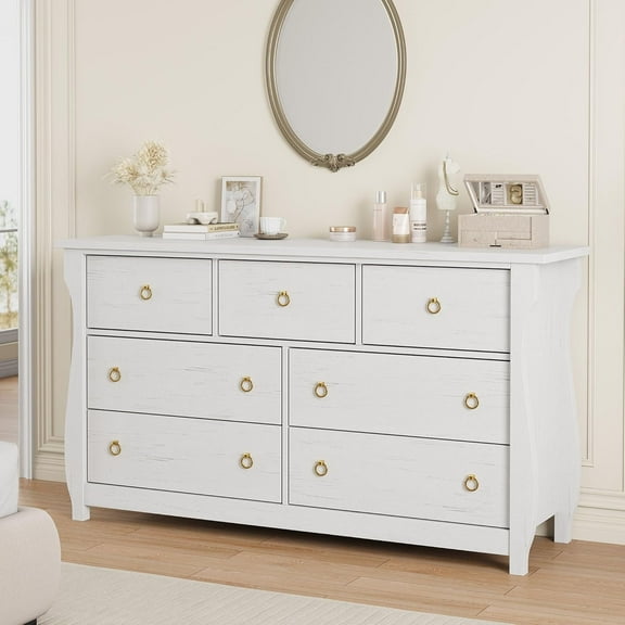 Modern Wood 7 Drawer Dresser with Black Ring Pull Handles, 47 Inch Wide Chest of Drawer, White Storage Organizer for Living Room, Entryway,White