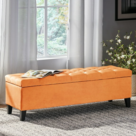 Modern Wood And Velvet Basket - Button Diamond Stitch, Orange, 51.00"w X 17.29"d 16.98"h Contemporary Orange Storage Seat , 16.98"h,