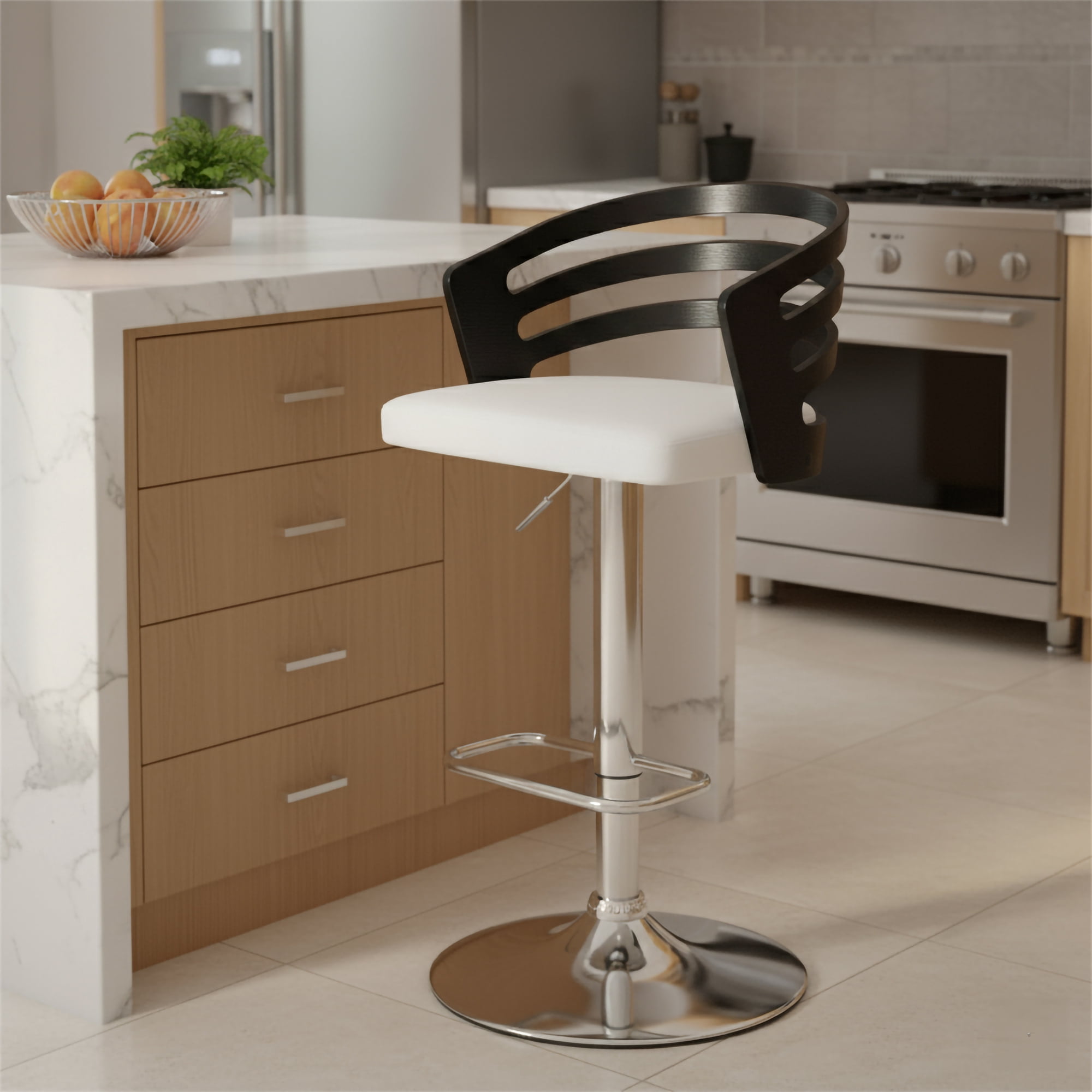 Modern Wood Back Adjustable Swivel Bar Stool with Cushion, Black