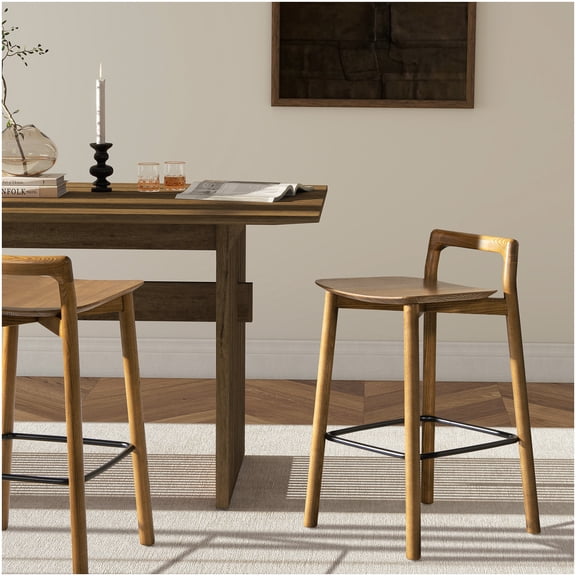 Modern Wood Bar Stool with Footrest, 26.5 Inch Counter Height Stool in Dark Brown for Kitchen Island, Minimalist Low Back Design