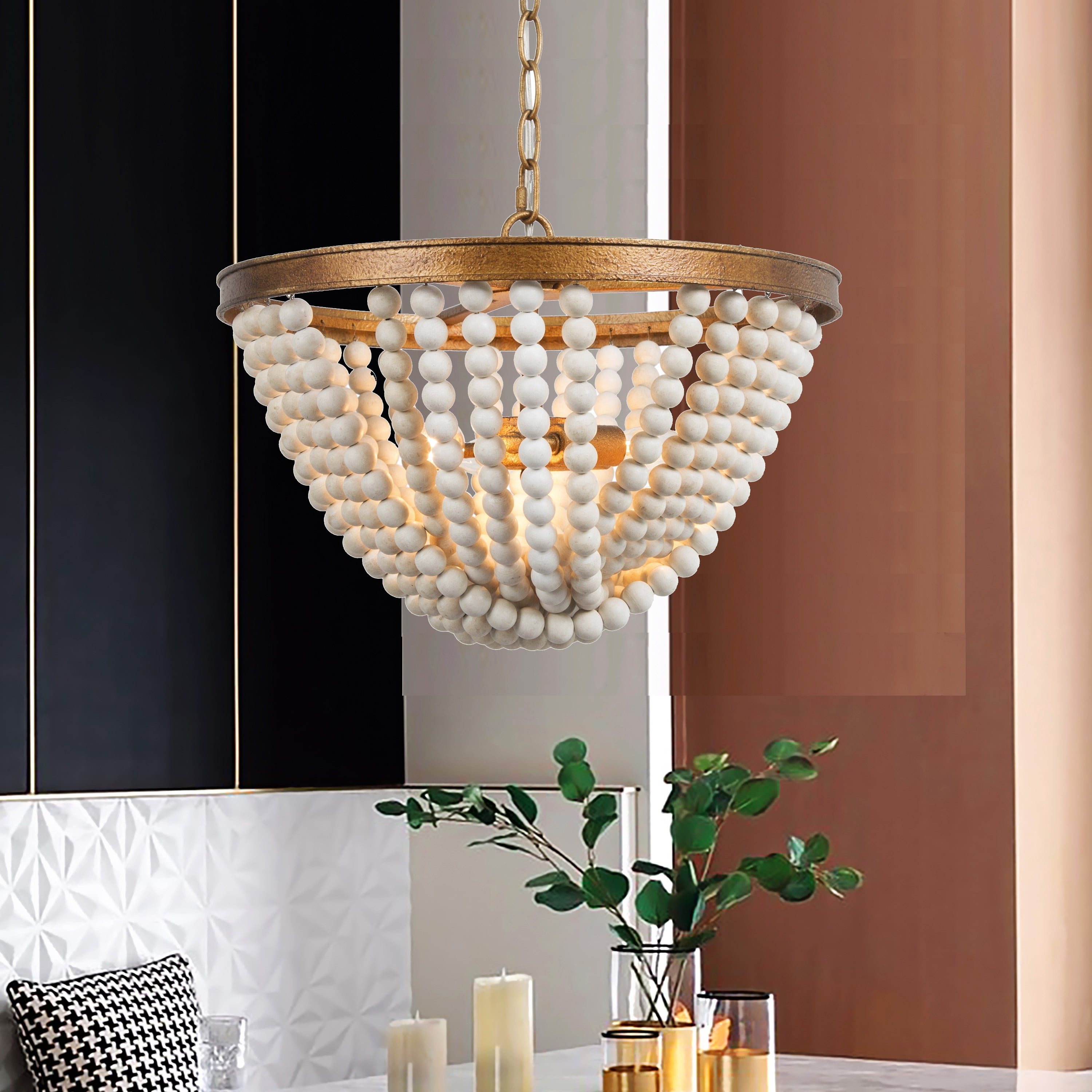 Modern Wood Beaded 3-light Chandelier Antique Brass Bowl Glam Dining Room Pendant Light - D 15.5'' x H 71.5''
