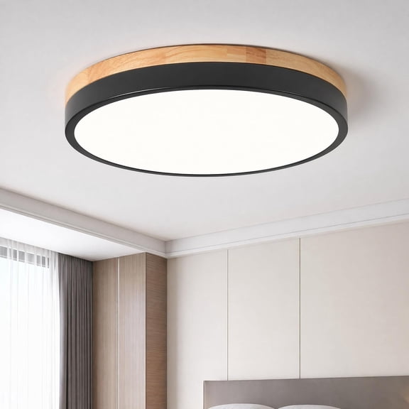 Modern Wood Black Flush Mount Ceiling Light, 11.81" Round LED Low Profile Close to Ceiling Fixture for Kitchen Bedroom Bathroom Laundry Hallway Entryway Closet Living Room