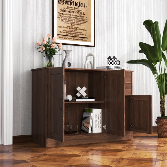 Modern Wood Buffet Sideboard with 2 Doors & 2 Drawers, Entryway Storage Cabinet for Dining Room, 43.3 Inch Walnut Server