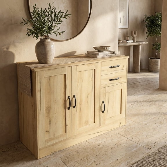 Modern Wood Buffet Sideboard with 2 doors&1 Storage and 2drawers -Entryway Serving Storage Cabinet Doors-Dining Room Console, 43.3 Inch, Oak