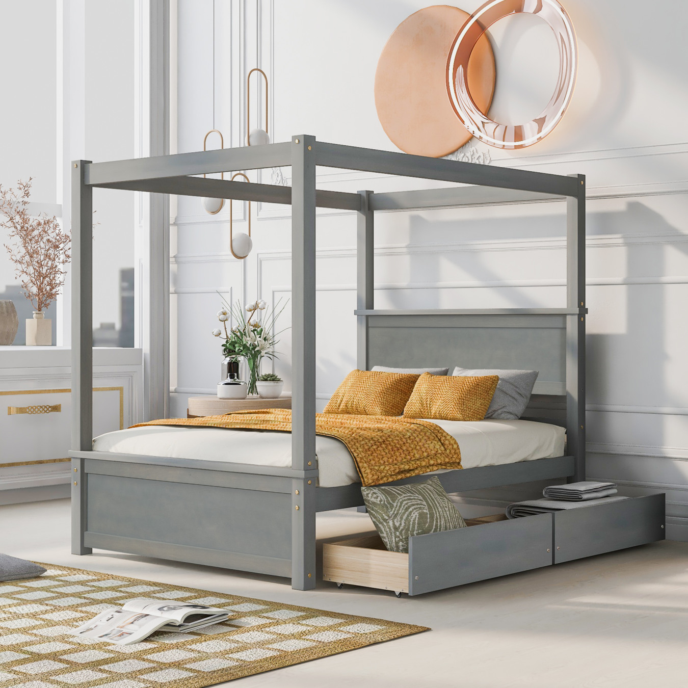 Modern Wood Canopy Bed with Two Drawers, Wooden Platform Bed with ...