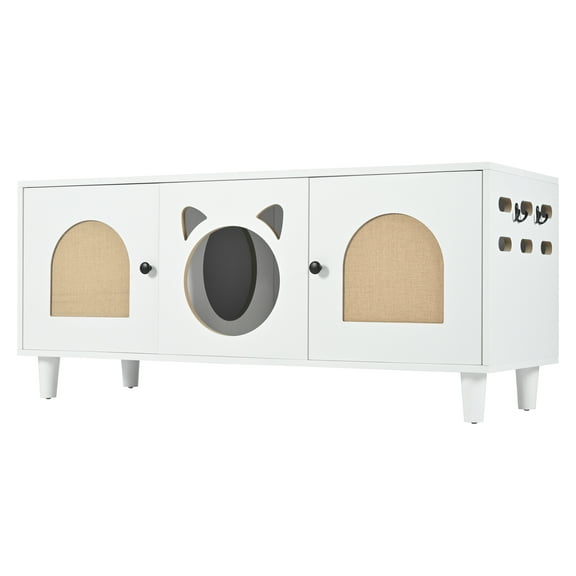 Modern Wood Cat Cabinet with Sisal Cat Scratcher, Cat Litter Box Enclosure with Storage, Cream white Side Table