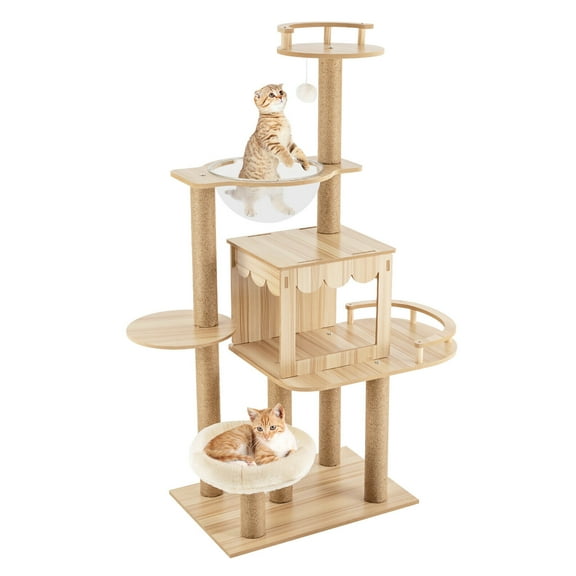 Modern Wood Cat Tree Tower Condo for Large Cats - Tall Cat Climbing Tower Cat Bed for Indoor Cats with Wood Cat Condo, Hammock and Scratching Post, 52 Inches, Beige
