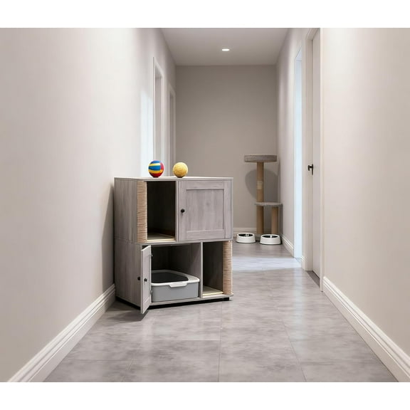 Modern Wood Cat Washroom Furniture, Double Litter Box Enclosure for 2 Cats with Scratching Post, Hidden Litter Box Enclosure Furniture, Indoor Pet House End Table