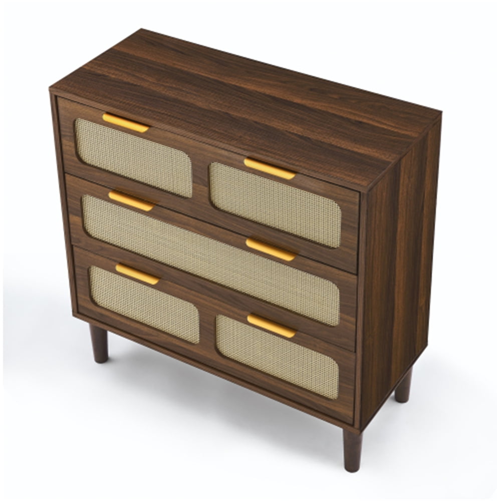 Modern Wood Chest of 3 Drawer, Rattan Closet Dressers with Spacious