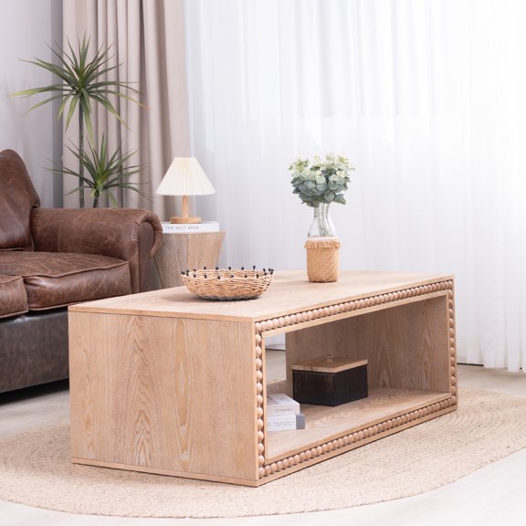 FunMay Rustic Beaded Edge Rectangular Coffee Table, Antique Natural / Light