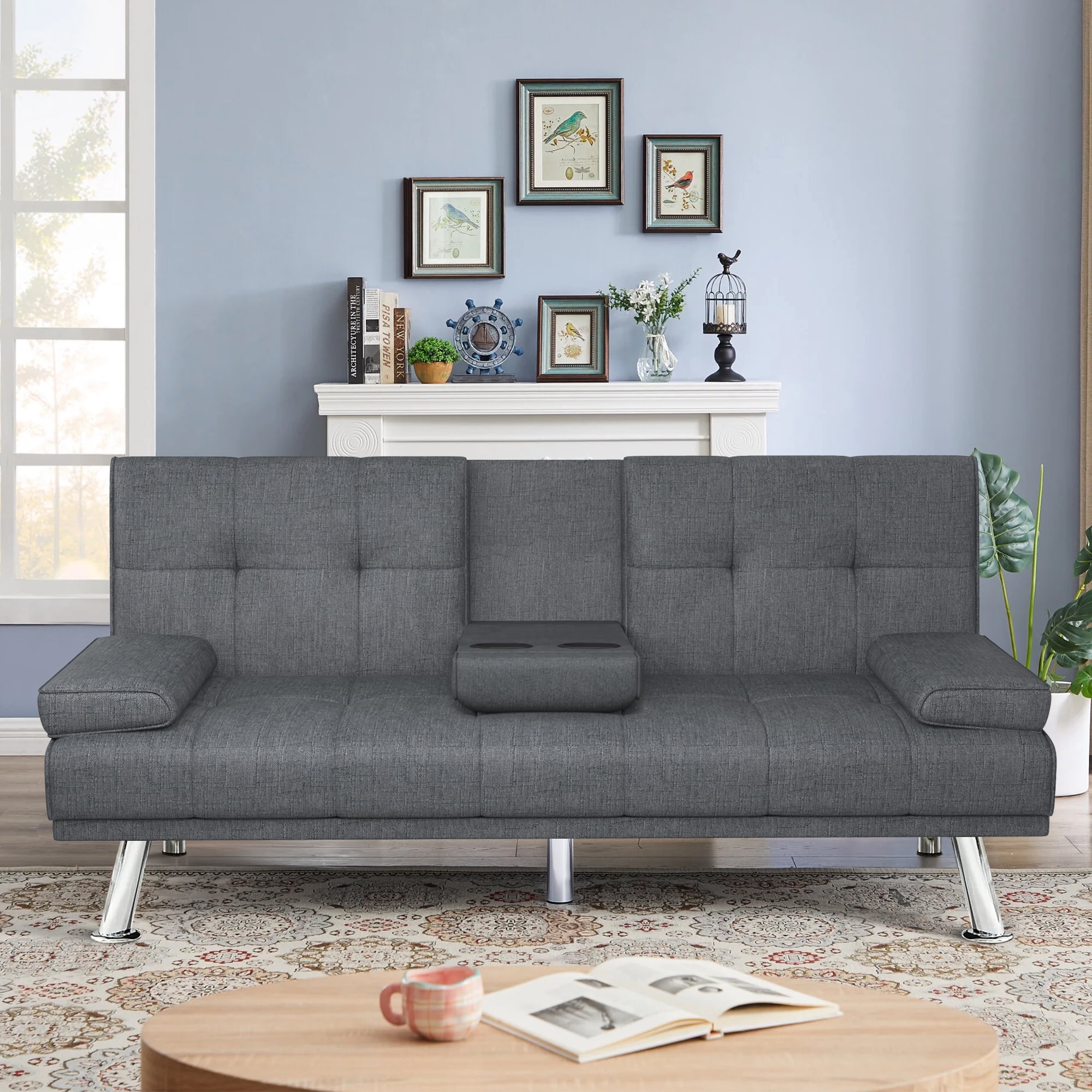 Folding Sofa Bed with Cup Holder Convertible Futon Couches Adjustable Backrest Modern Linen Furniture Upholstery for Living Room
