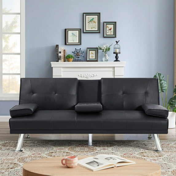 Folding Sofa Bed with Cup Holder Convertible Futon Couches Adjustable Backrest Modern PU Leather Furniture Upholstery for Living Room
