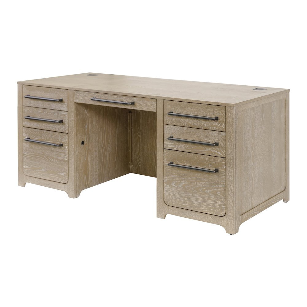 Light Brown Wood Executive Desk with Drawers and Filing Cabinet