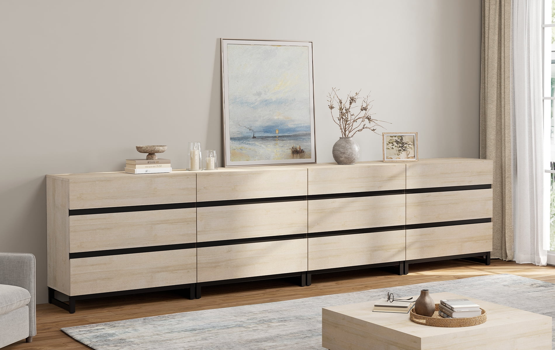 Modern Wood Dresser with 12 Drawers and Sturdy Metal Base, Multi-Functional Chest of Drawers Storage Organizer for Bedroom, Living Room, Hallway and Entryway, Beige