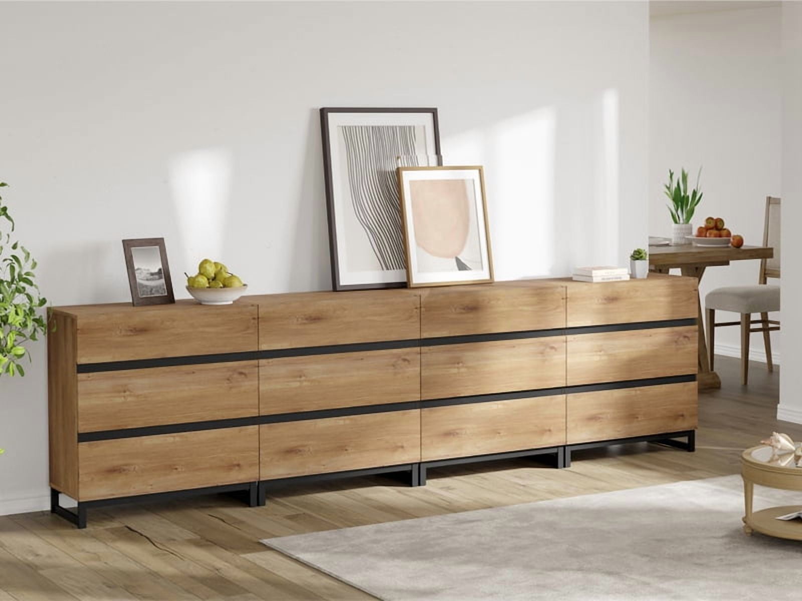 Modern Wood Dresser with 12 Drawers and Sturdy Metal Base, Multi-Functional Chest of Drawers Storage Organizer for Bedroom, Living Room, Hallway and Entryway, Oak