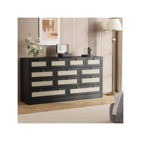 Modern Wood Dresser with 12 Rattan Drawers, 61 Inch Wide Chest of Drawers, Multi-Functional Wooden Closet Storage Dresser, TV Stand Fits Up to 65 Inch TV for Bedroom Living Room Hallway Entrywa-Black