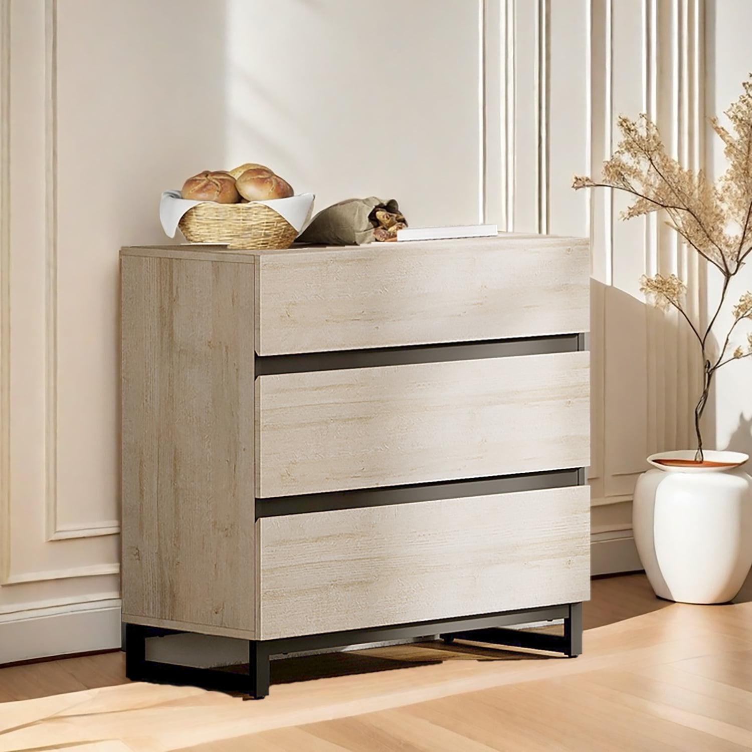 Modern Wood Dresser with 3 Drawers and Sturdy Metal Base, Multi-Functional Chest of Drawers Storage Organizer for Bedroom, Living Room, Hallway and Entryway, Beige