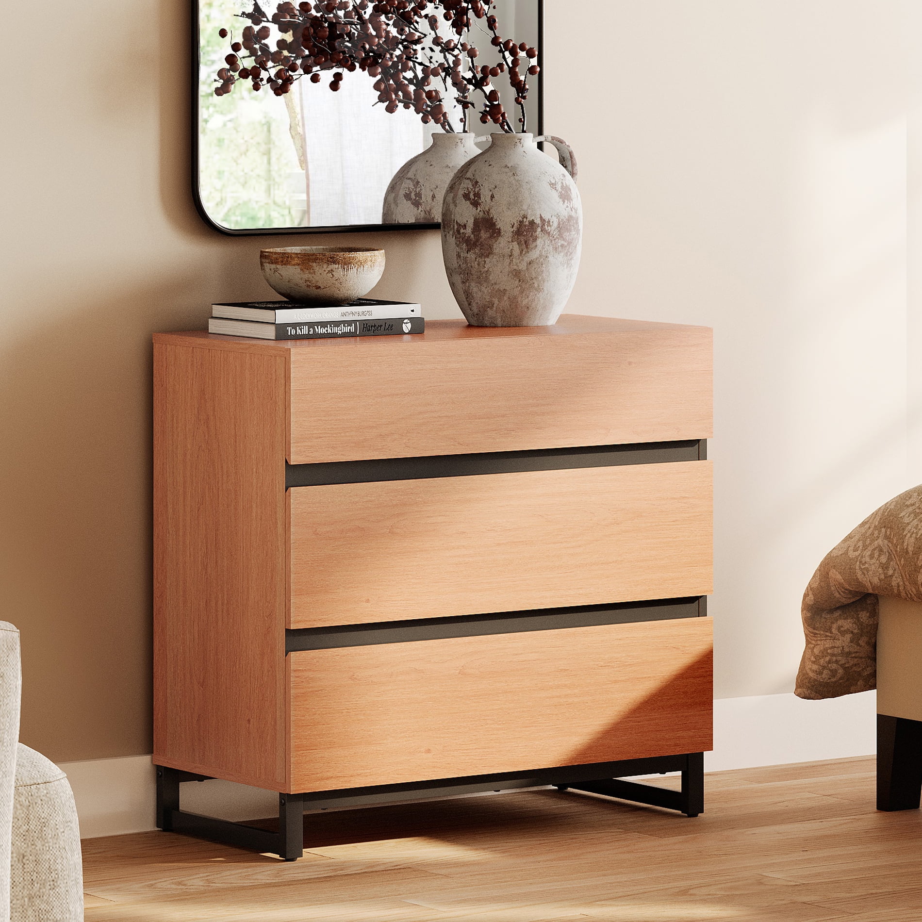 Modern Wood Dresser with 3 Drawers and Sturdy Metal Base, Multi-Functional Chest of Drawers Storage Organizer for Bedroom, Living Room, Hallway and Entryway, Mocha