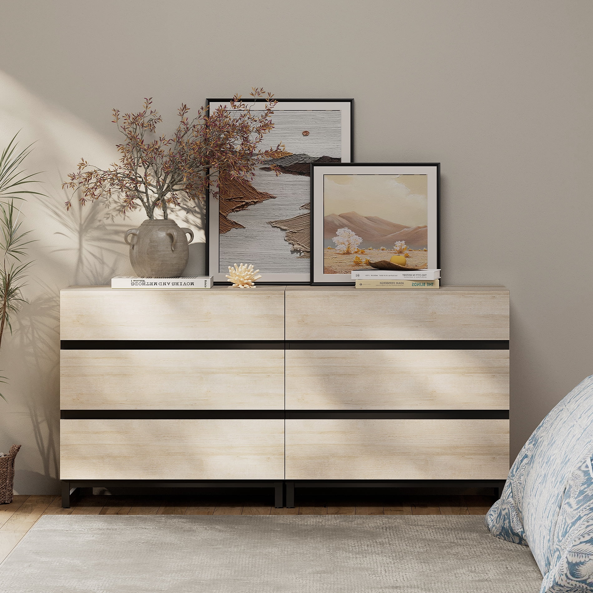 Modern Wood Dresser with 6 Drawers and Sturdy Metal Base, Multi-Functional Chest of Drawers Storage Organizer for Bedroom, Living Room, Hallway and Entryway, Beige