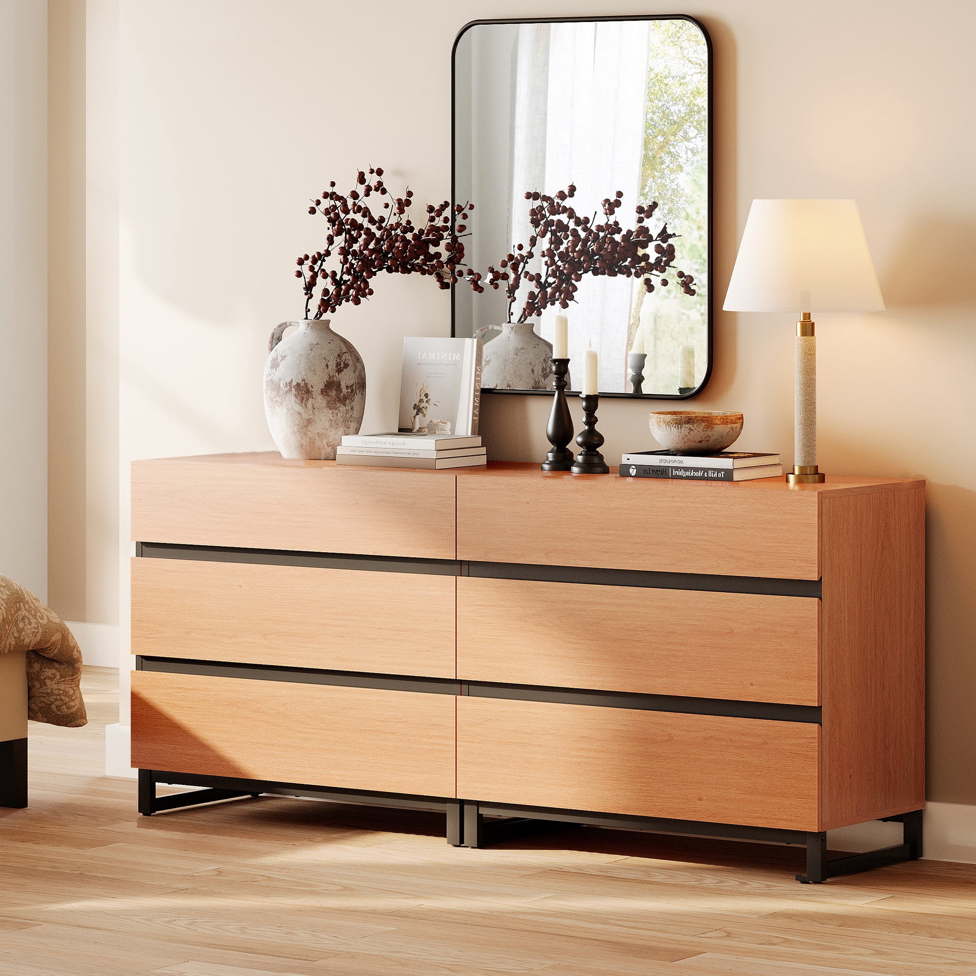 Modern Wood Dresser with 6 Drawers and Sturdy Metal Base, Multi-Functional Chest of Drawers Storage Organizer for Bedroom, Living Room, Hallway and Entryway, Mocha