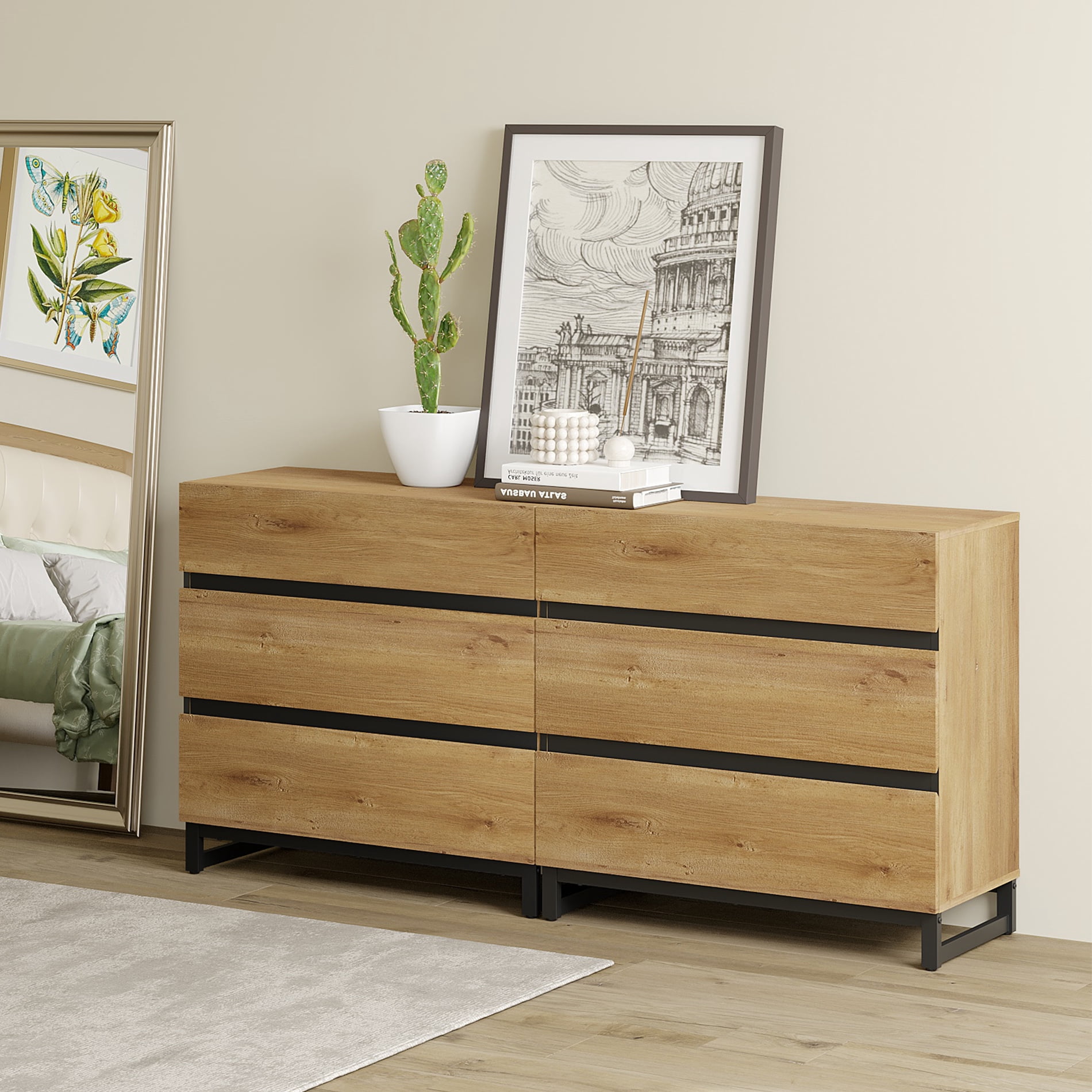 Modern Wood Dresser with 6 Drawers and Sturdy Metal Base, Multi-Functional Chest of Drawers Storage Organizer for Bedroom, Living Room, Hallway and Entryway, Oak