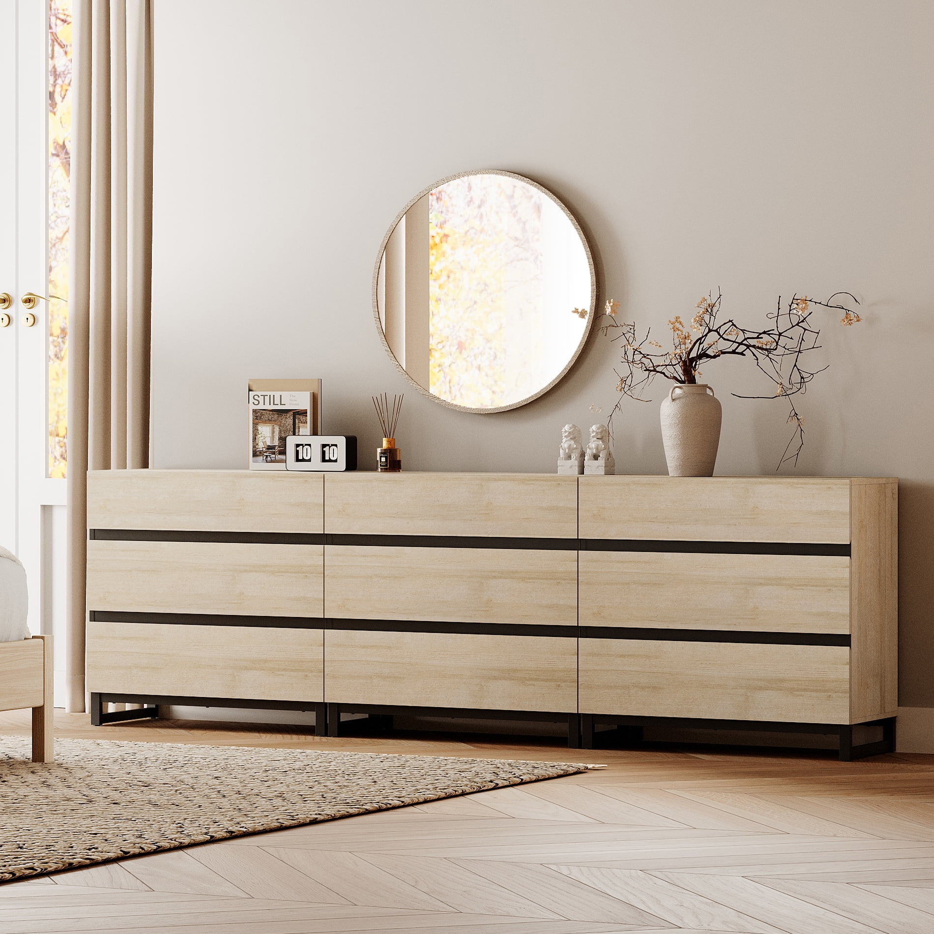 Modern Wood Dresser with 9 Drawers and Sturdy Metal Base, Multi-Functional Chest of Drawers Storage Organizer for Bedroom, Living Room, Hallway and Entryway, Beige