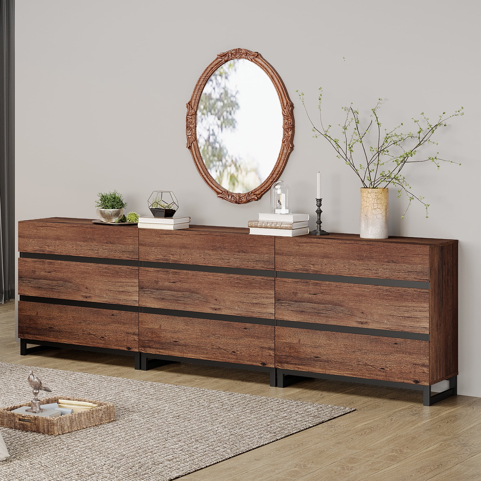 Modern Wood Dresser with 9 Drawers and Sturdy Metal Base, Multi-Functional Chest of Drawers Storage Organizer for Bedroom, Living Room, Hallway and Entryway, Brown