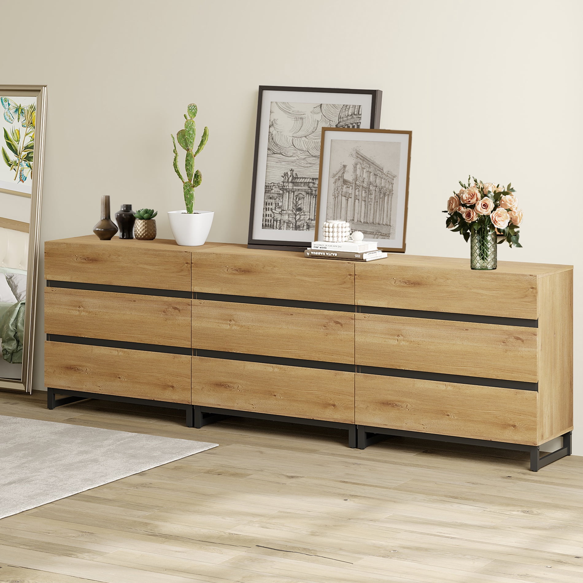 Modern Wood Dresser with 9 Drawers and Sturdy Metal Base, Multi-Functional Chest of Drawers Storage Organizer for Bedroom, Living Room, Hallway and Entryway, Oak