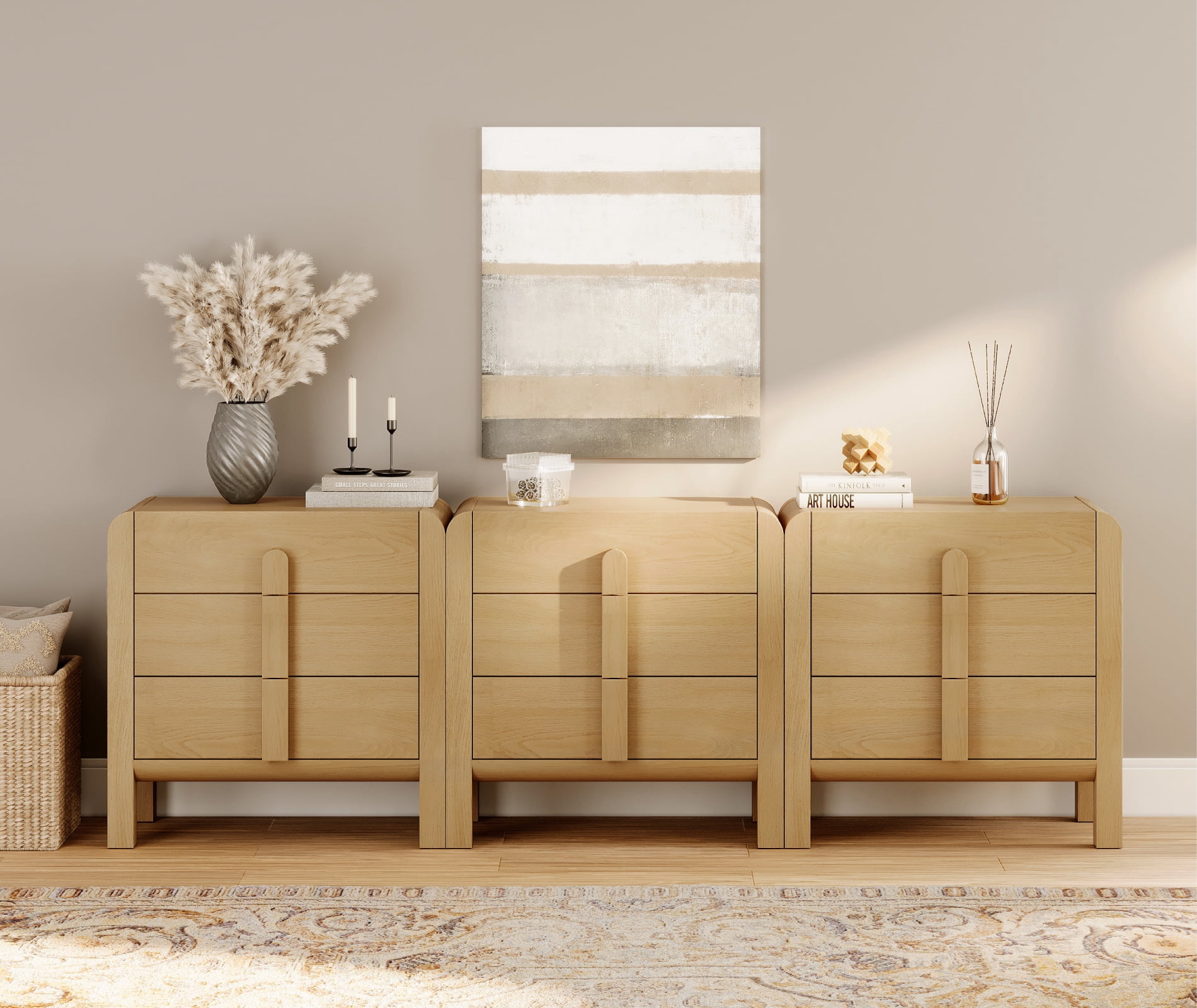 Modern Wood Dresser with 3 Drawers & 2 Adjustable Shelves, 94.5"W Storage Chest with Full Floor Base, Minimalist Organizer for Bedroom Living Room
