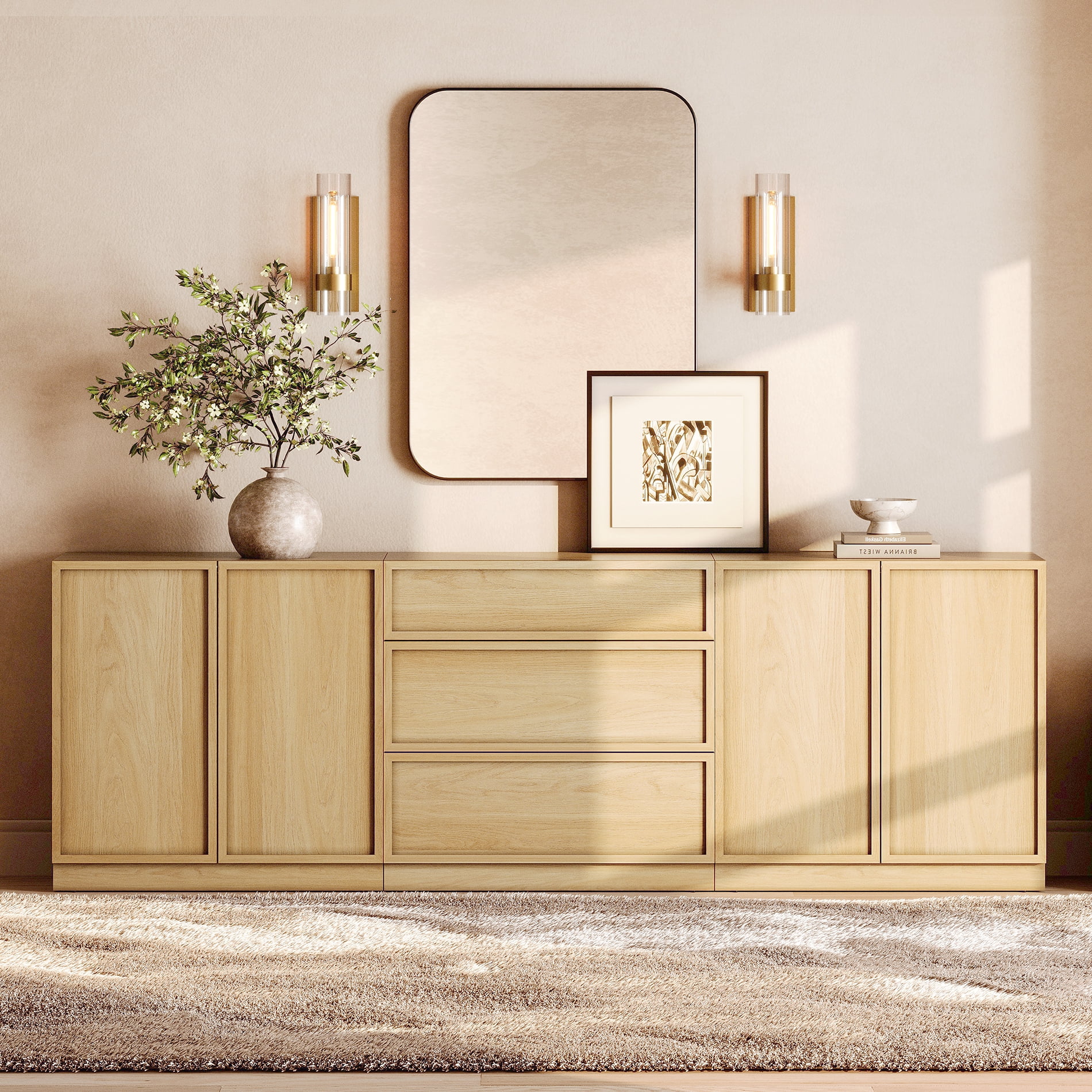 Modern Wood Dresser with 3 Drawers & 2 Adjustable Shelves, 94.5"W Storage Chest with Full Floor Base, Minimalist Organizer for Bedroom Living Room
