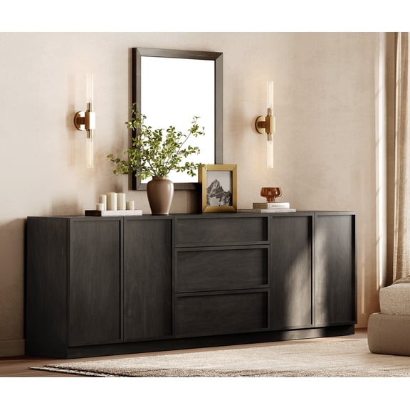 Modern Wood Dresser with 3 Drawers & 2 Adjustable Shelves, 94.5"W Storage Chest with Full Floor Base, Minimalist Organizer for Bedroom Living Room