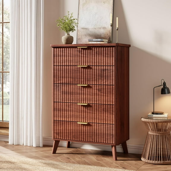 Modern Wood Dresser with 5 Deep Drawers - Curved Fluted Design for Living Room & Hallway