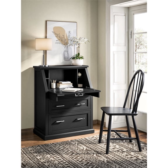 Modern Wood Drop-Lid Secretary Desk Fully Assembled Black Finish