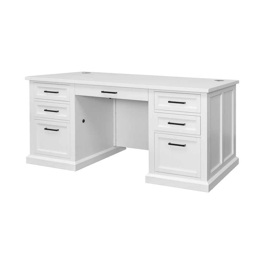 White Wood Executive Desk with Drawers and Power Outlet