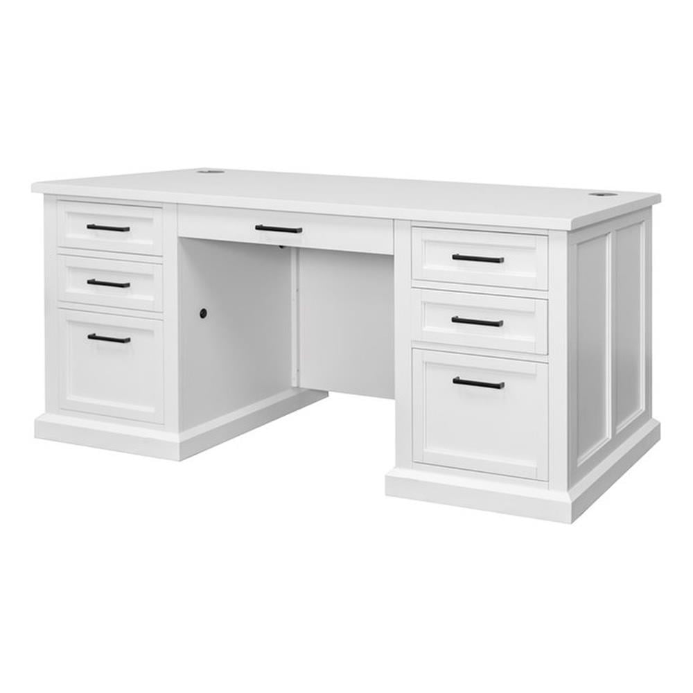 White Wood Executive Desk with Drawers and Power Outlet