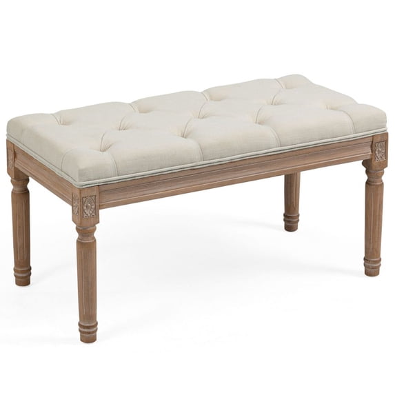 Modern Wood Fabric Bench with Upholstered Button Tufted Padded Seat, Vintage Luxury Entryway Bench