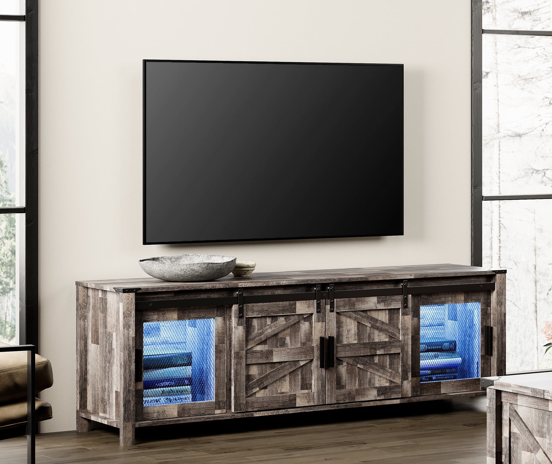 WAMPAT Modern Wood Farmhouse TV Stand Sliding Barn Door for 75 Inch TV, Engineered Wood Storage Console with LED Light and Cabinets, Blue