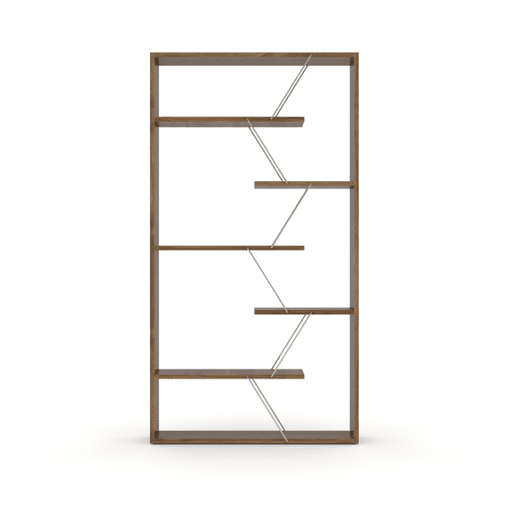 Modern Wood Frame Etagere Bookcase, 6 Shelves, Walnut/Chrome