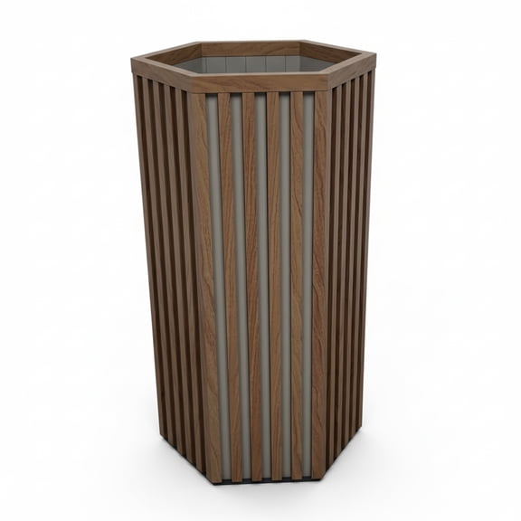 Modern Wood Grain Aluminum Planter for Outdoor, Medium Brown Hexagon Column with Drainage, Adjustable Depth, 16.5x14.38x30.25 inch Tall Hexagon Column Planter for Patio