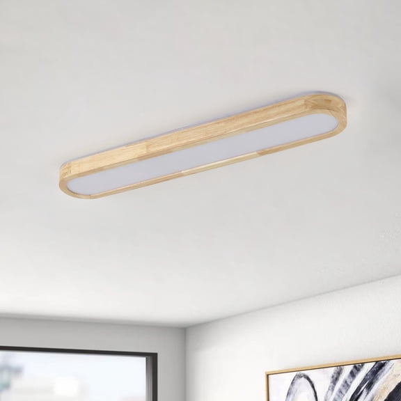 Modern Wood-Grain LED Flush Mount Ceiling Light, Dimmable Linear Ceiling Lamp with PS Lampshade for Bedroom, Hallway, Closet