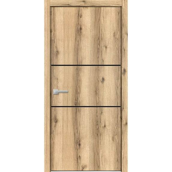 Modern Wood Interior Pre-Hung Door with Hardware | Planum 0014 Oak | Single Panel Frame Trims | Bathroom Bedroom Sturdy Doors-30" x 84"