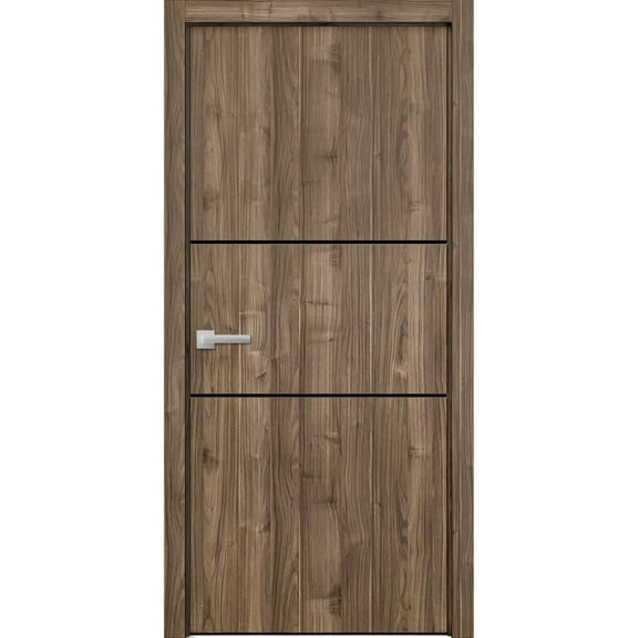 Modern Wood Interior Pre-Hung Door with Hardware | Planum 0014 Walnut | Single Panel Frame Trims | Bathroom Bedroom Sturdy Doors-18" x 84"