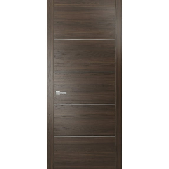 Modern Wood Interior Pre-Hung Door with Hardware | Planum 0020 Chocolate Ash | Single Panel Frame Trims | Bathroom Bedroom Sturdy Doors-36" x 80"