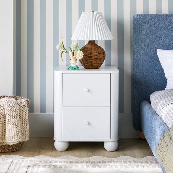 Modern Wood Kids 2 Drawer Nightstand with Round Feet - White