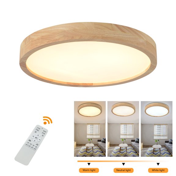 Modern Wood LED Ceiling Light Fixture Simple Log Flush Mount Circle Ceiling Lamp Adjustable 3000K-6000K LED Ceiling Lamp, 36W Wooden Chandelier for Living Room, Bedroom, Kitchen